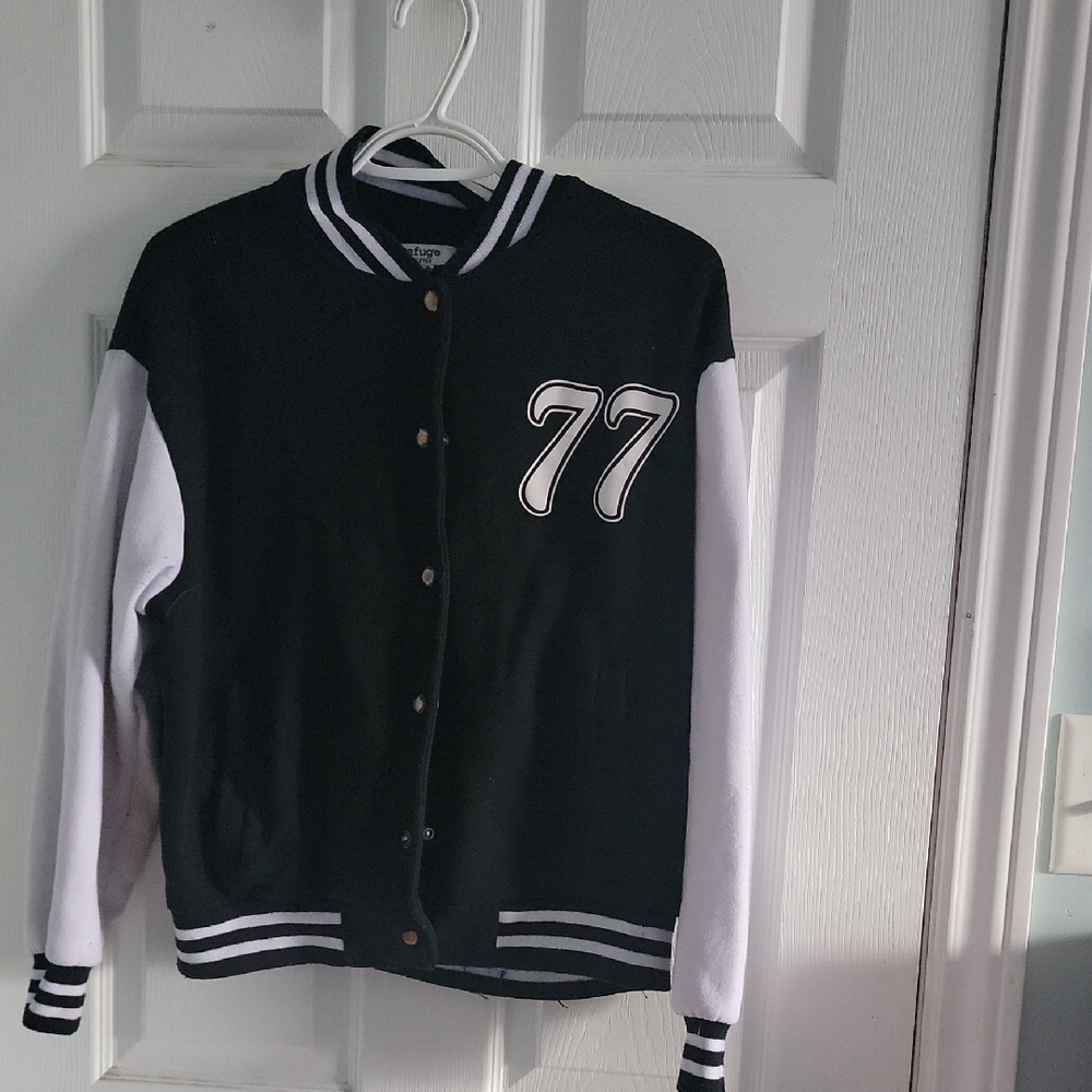 Black and White Varsity Jacket with 77 Patch